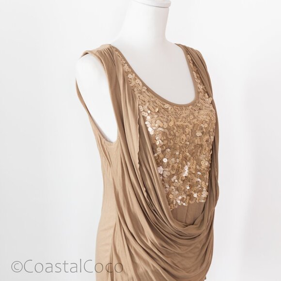 New York & Co Waterfall Neckline Tan Sleeveless Top XL Sequins Cowl Draped Y2K - Picture 2 of 10